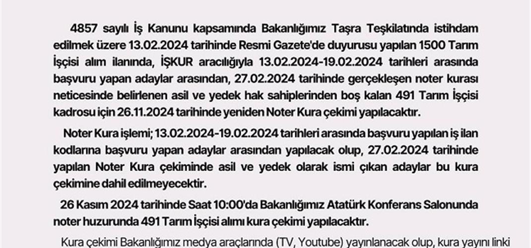 491 Tarım İşçisi Alımı Noter Kura Çekimi Hakkında